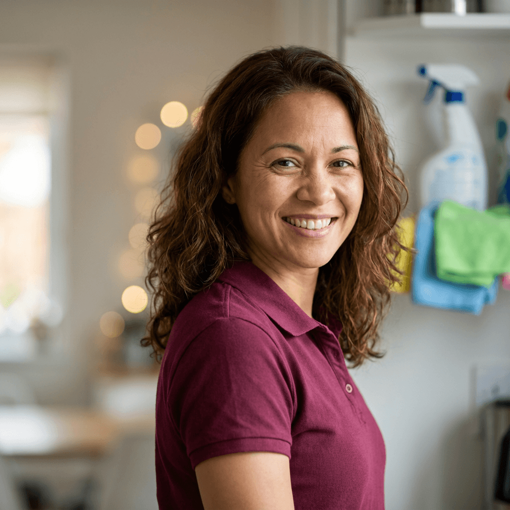 Dana Reyes smiling in a neat living room with a vacuum cleaner nearby