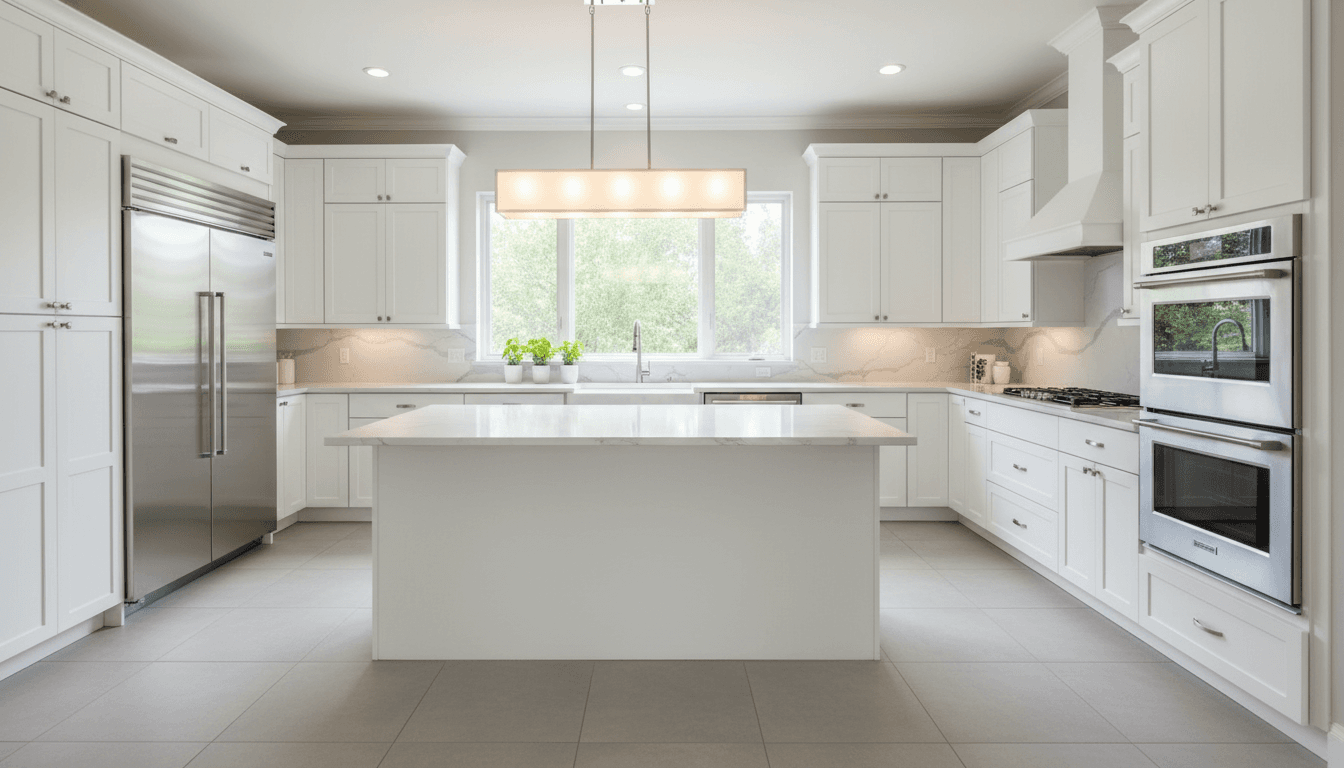 Bright clean modern kitchen with white cabinets and stainless steel appliances