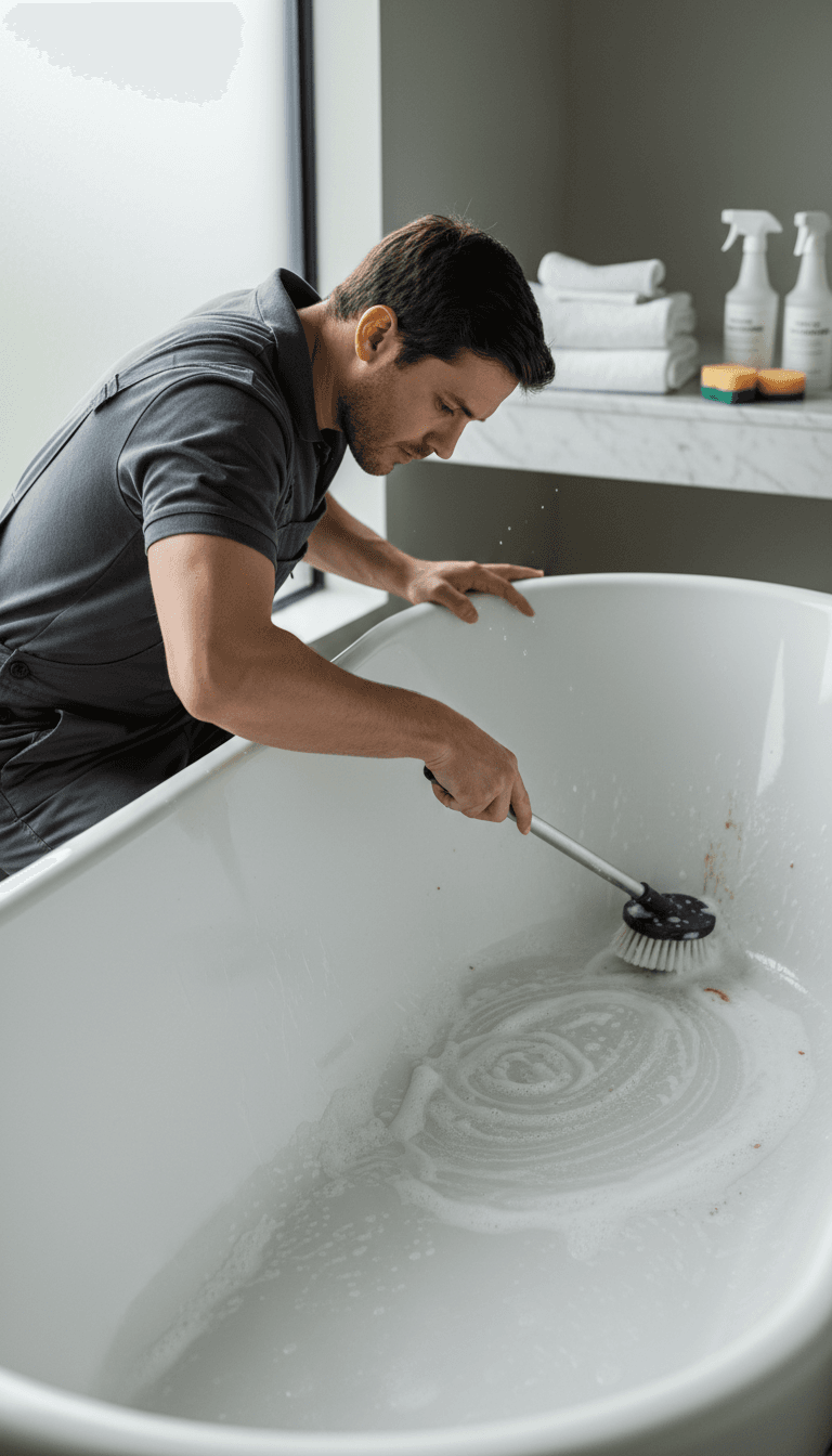 White porcelain bathtub after deep cleaning, spotless and shining