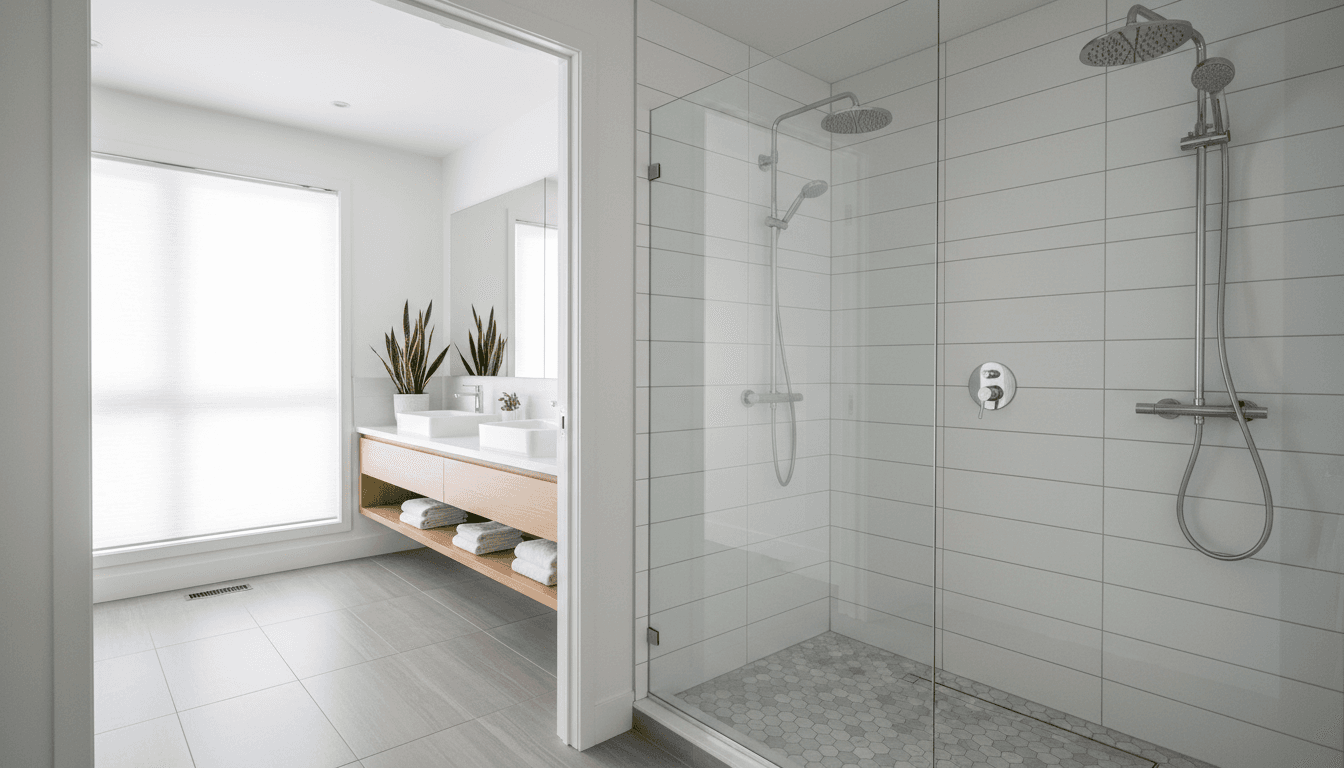 Bathtub with shower curtain open, soap scum removed from walls