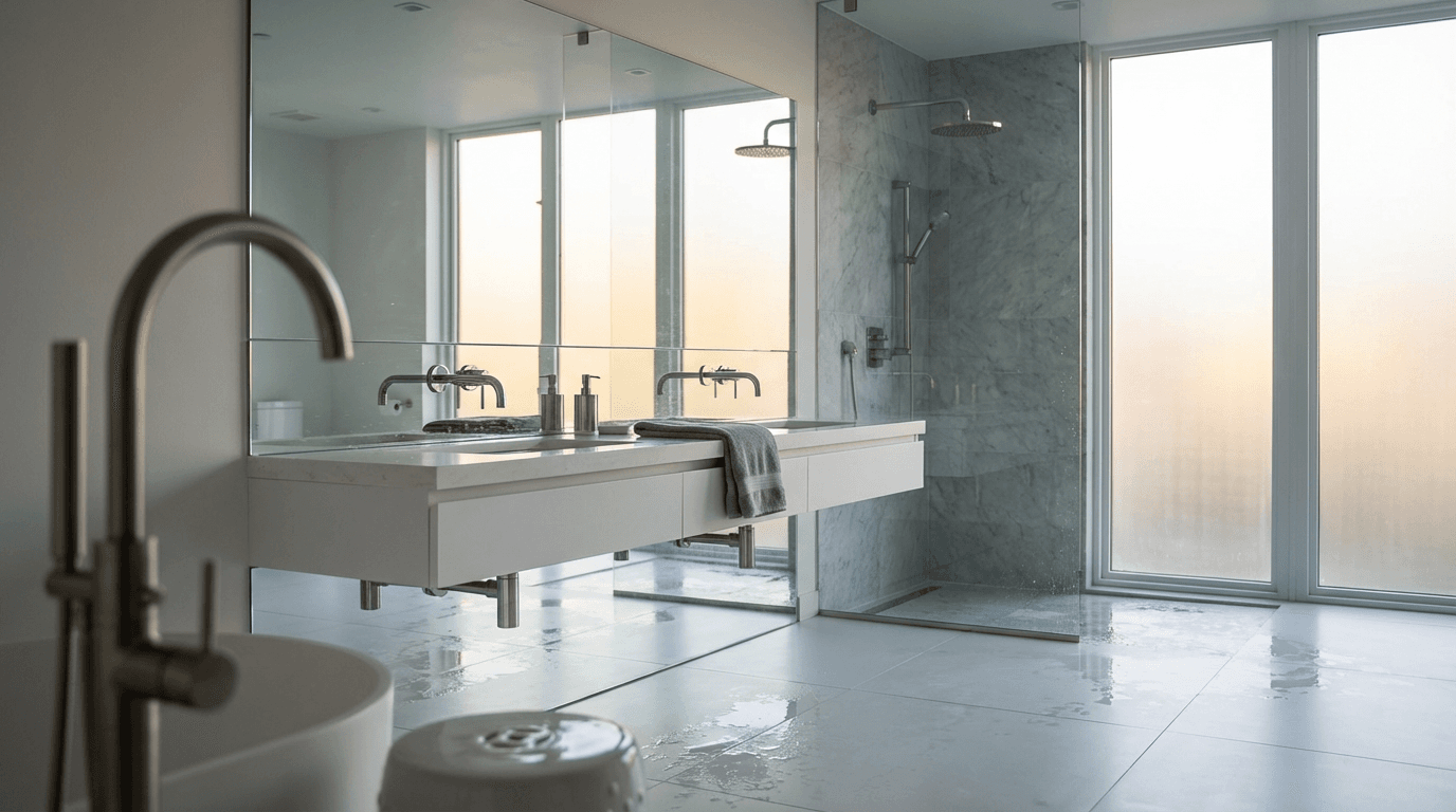 Clean bright bathroom with white bathtub and polished chrome faucet