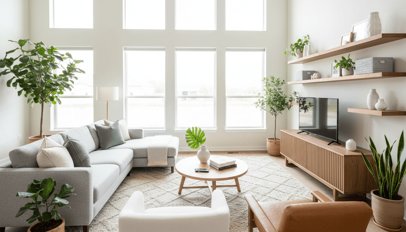 Bright, spotless living room with a sofa and natural light