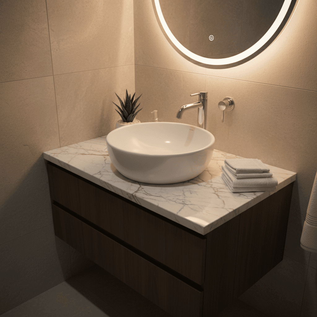 Bathroom sink and faucet cleaned, no water spots or soap scum